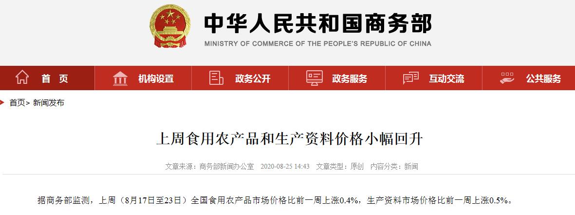 农业农村部：全国农产品批发市场猪肉平均价格为20.88元/公斤 较昨日降0.5%